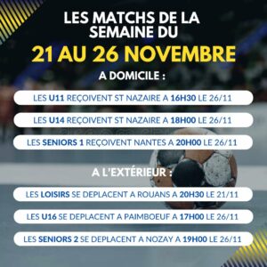 Matchs du 21 au 26 Novembre 2022